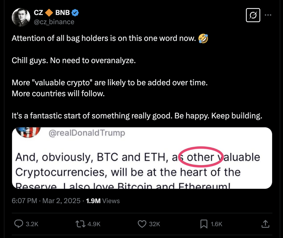 Binance Co-Founder Changpeng Zhao Reacts to Trump’s Crypto Strategic Reserve Announcement | Feb 28, 2025